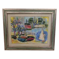 Marina with sailboat and garden, mixed technique, Enrico Paulucci