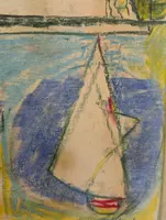 Marina with sailboat and garden, mixed technique, Enrico Paulucci