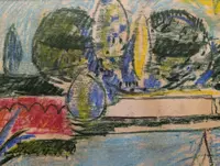 Marina with sailboat and garden, mixed technique, Enrico Paulucci