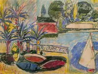 Marina with sailboat and garden, mixed technique, Enrico Paulucci