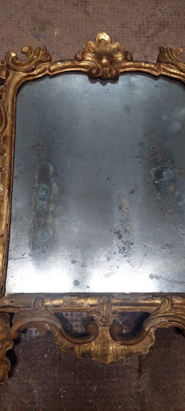 Antica Specchiera Legno  Barocca Originale Inizio XVIII secolo Dorata Intagliata