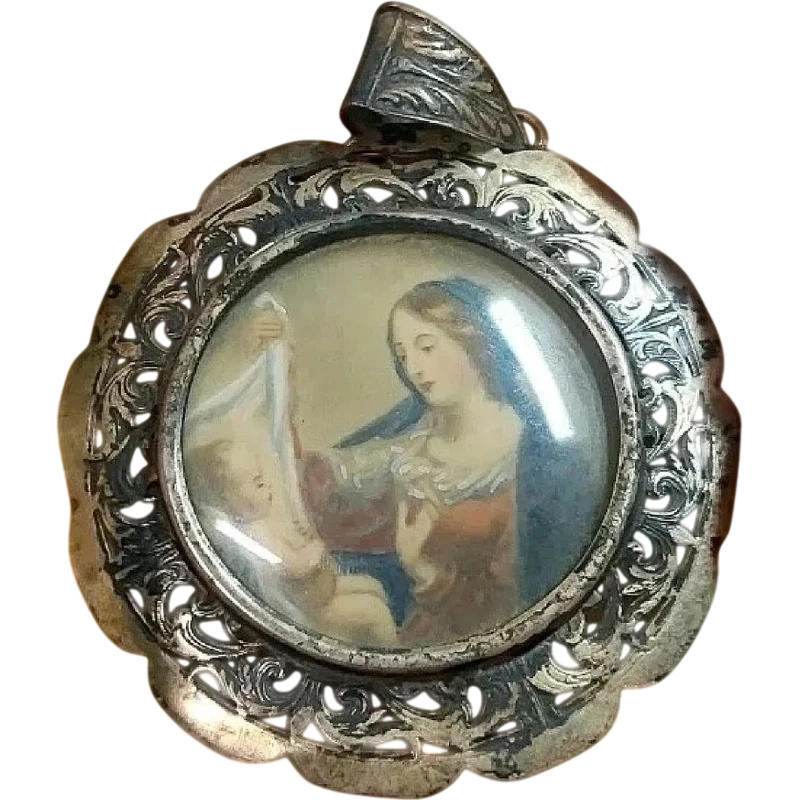 Miniature Pendant Painted Madonna With Child Silver Pierced Frame