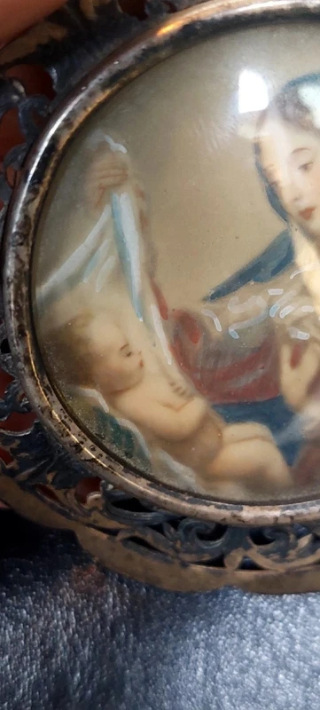 Miniatura ciondolo Dipinto Madonna Con Bambino  Cornice Argento Traforato