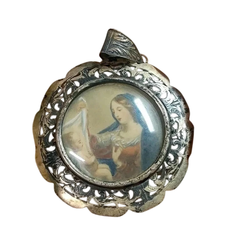 Miniatura ciondolo Dipinto Madonna Con Bambino  Cornice Argento Traforato