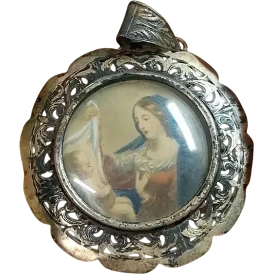 Miniature Pendant Painted Madonna With Child Silver Pierced Frame