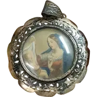Miniature Pendant Painted Madonna With Child Silver Pierced Frame