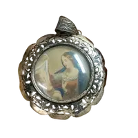 Miniatura ciondolo Dipinto Madonna Con Bambino  Cornice Argento Traforato