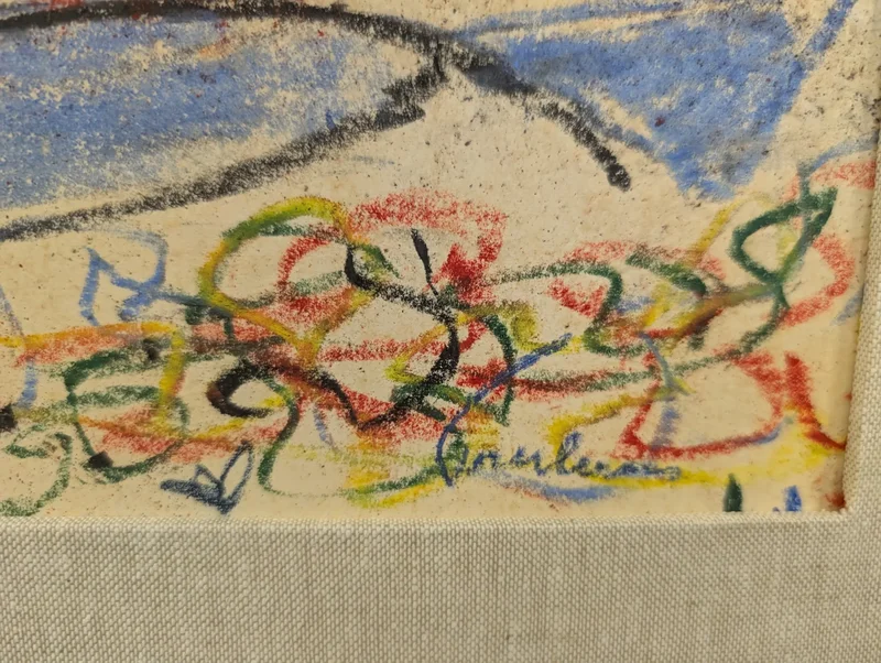 Marina with boats and red buoy, mixed technique, Enrico Paulucci
