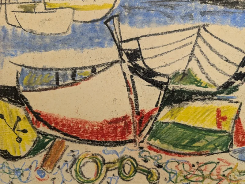 Marina with boats and red buoy, mixed technique, Enrico Paulucci