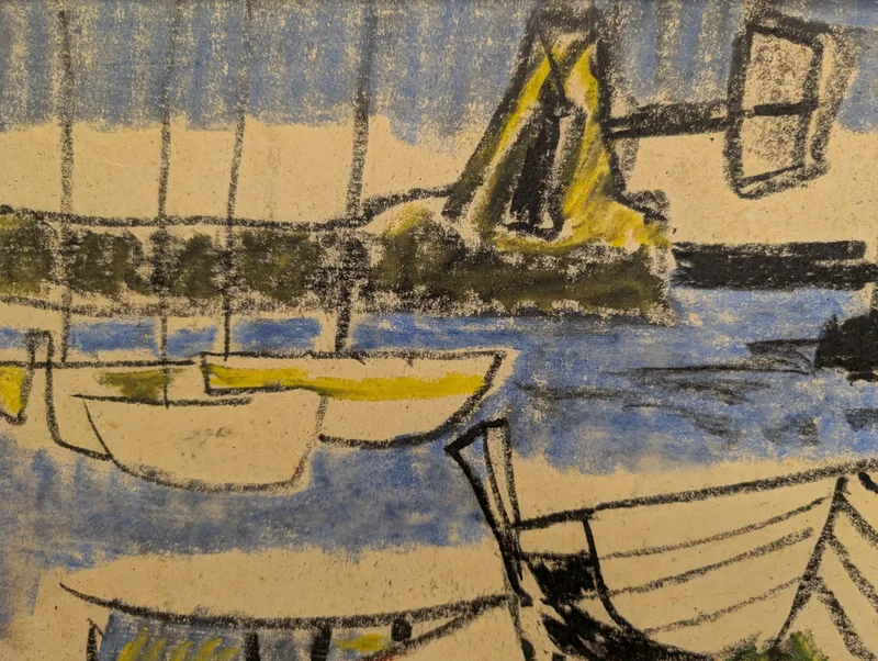 Marina with boats and red buoy, mixed technique, Enrico Paulucci