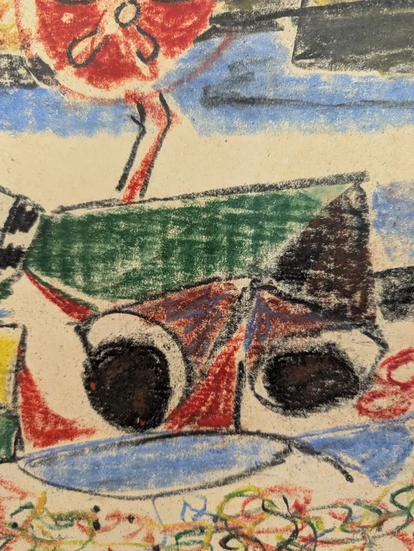 Marina with boats and red buoy, mixed technique, Enrico Paulucci