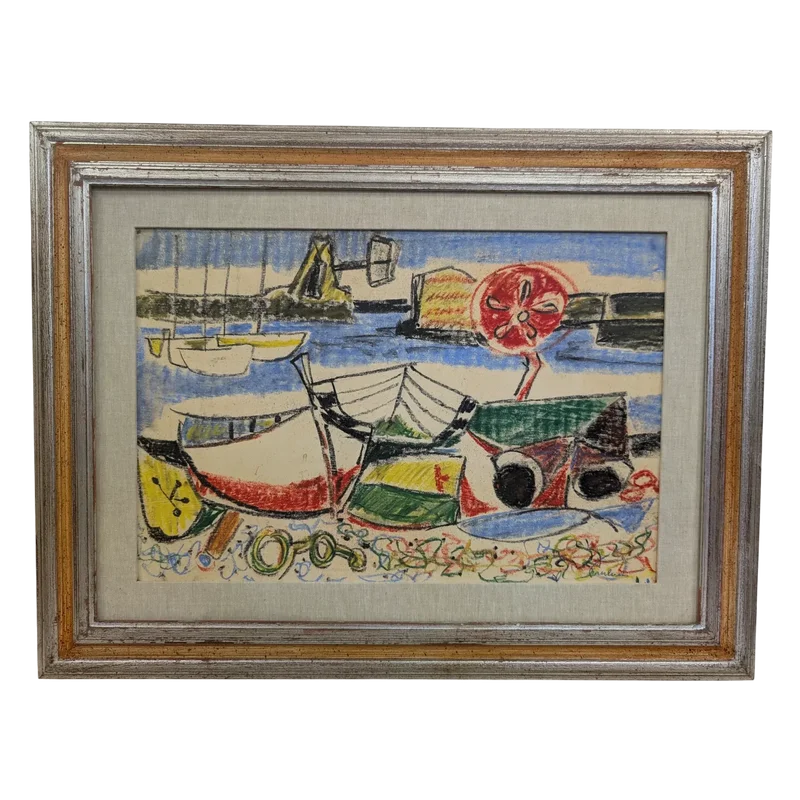 Marina with boats and red buoy, mixed technique, Enrico Paulucci
