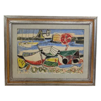 Marina with boats and red buoy, mixed technique, Enrico Paulucci