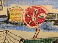 Marina with boats and red buoy, mixed technique, Enrico Paulucci