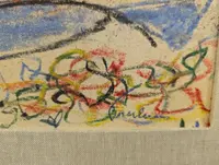 Marina with boats and red buoy, mixed technique, Enrico Paulucci