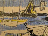 Marina with boats and red buoy, mixed technique, Enrico Paulucci
