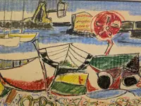 Marina with boats and red buoy, mixed technique, Enrico Paulucci