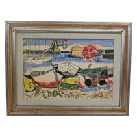 Marina with boats and red buoy, mixed technique, Enrico Paulucci