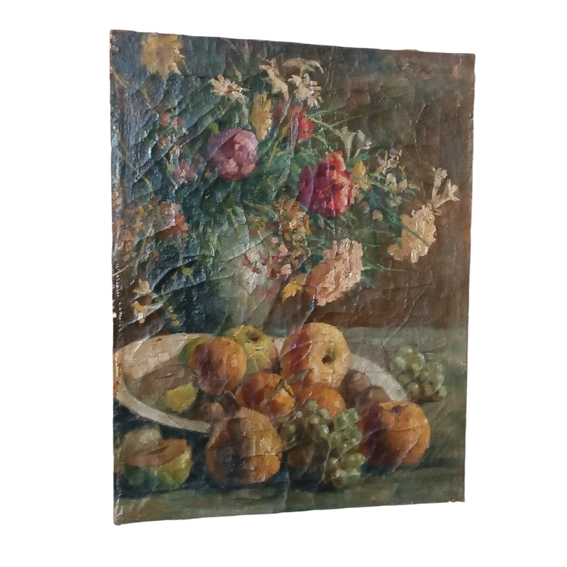 19th century oil painting on canvas, fruit vase with flowers