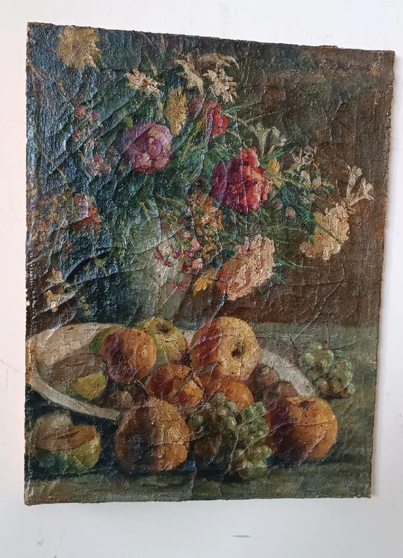 19th century oil painting on canvas, fruit vase with flowers