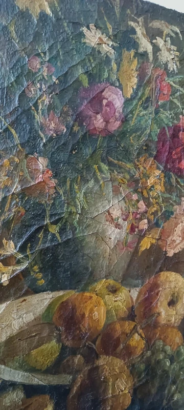 19th century oil painting on canvas, fruit vase with flowers