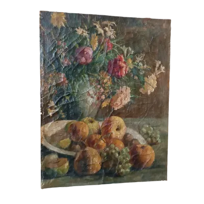 19th century oil painting on canvas, fruit vase with flowers