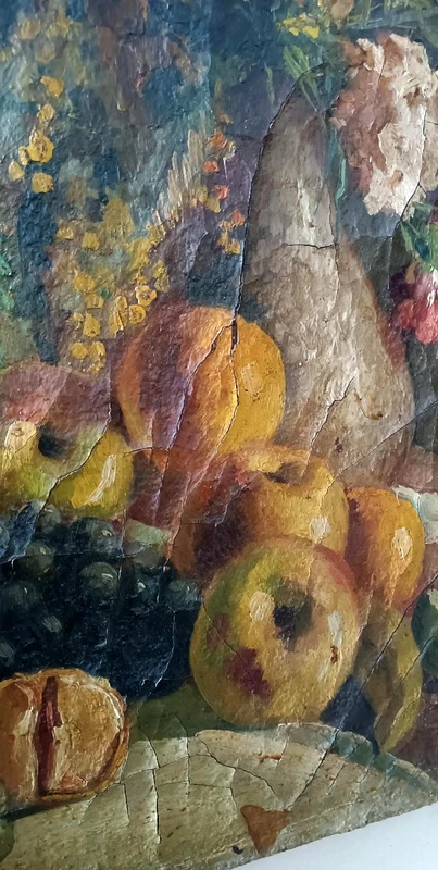 19th century oil painting on canvas, fruit vase with flowers