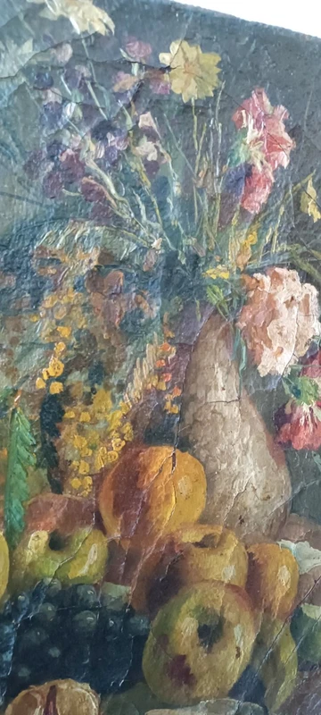 19th century oil painting on canvas, fruit vase with flowers