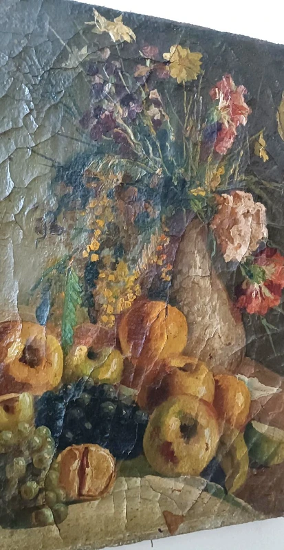 19th century oil painting on canvas, fruit vase with flowers