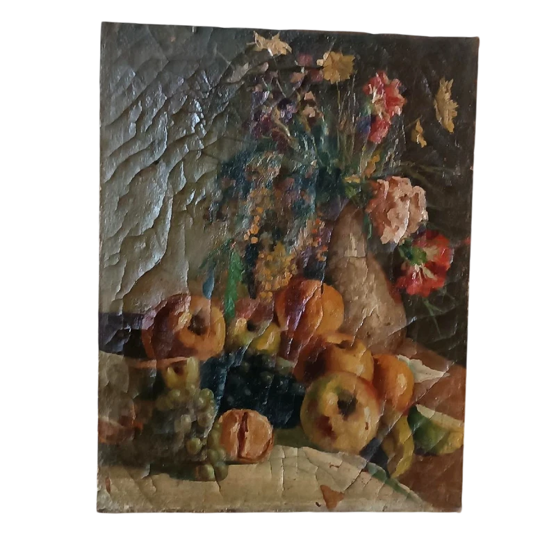 19th century oil painting on canvas, fruit vase with flowers