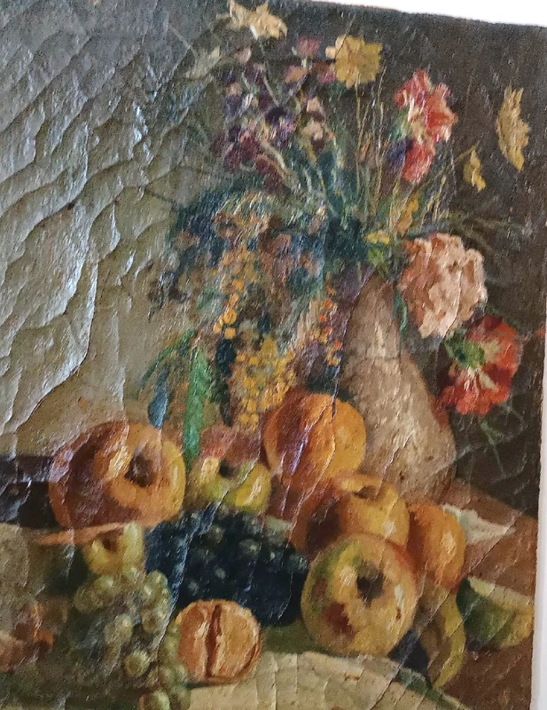 19th century oil painting on canvas, fruit vase with flowers