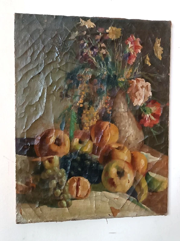 19th century oil painting on canvas, fruit vase with flowers