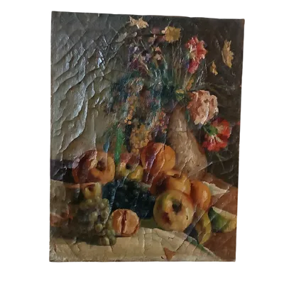 19th century oil painting on canvas, fruit vase with flowers