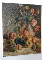 19th century oil painting on canvas, fruit vase with flowers
