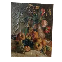 19th century oil painting on canvas, fruit vase with flowers