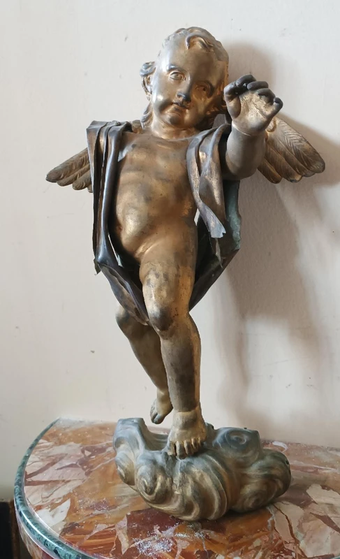 Antica scultura bronzo dorato,barocco,putto alato