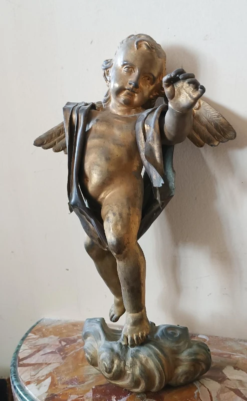 Antica scultura bronzo dorato,barocco,putto alato