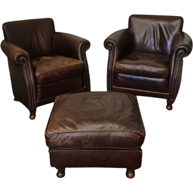 Paire de fauteuils en cuir avec pouf - 20e siècle