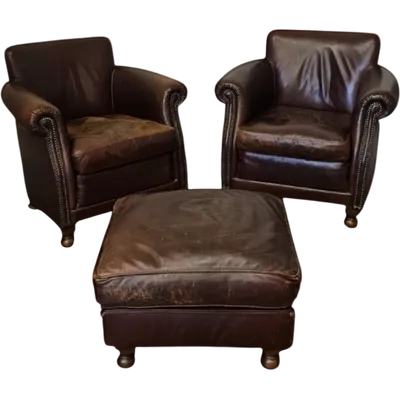 Pair of leather armchairs with footstool pouf - 20th century