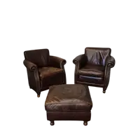 Pair of leather armchairs with footstool pouf - 20th century