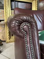 Pair of leather armchairs with footstool pouf - 20th century