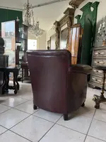 Pair of leather armchairs with footstool pouf - 20th century