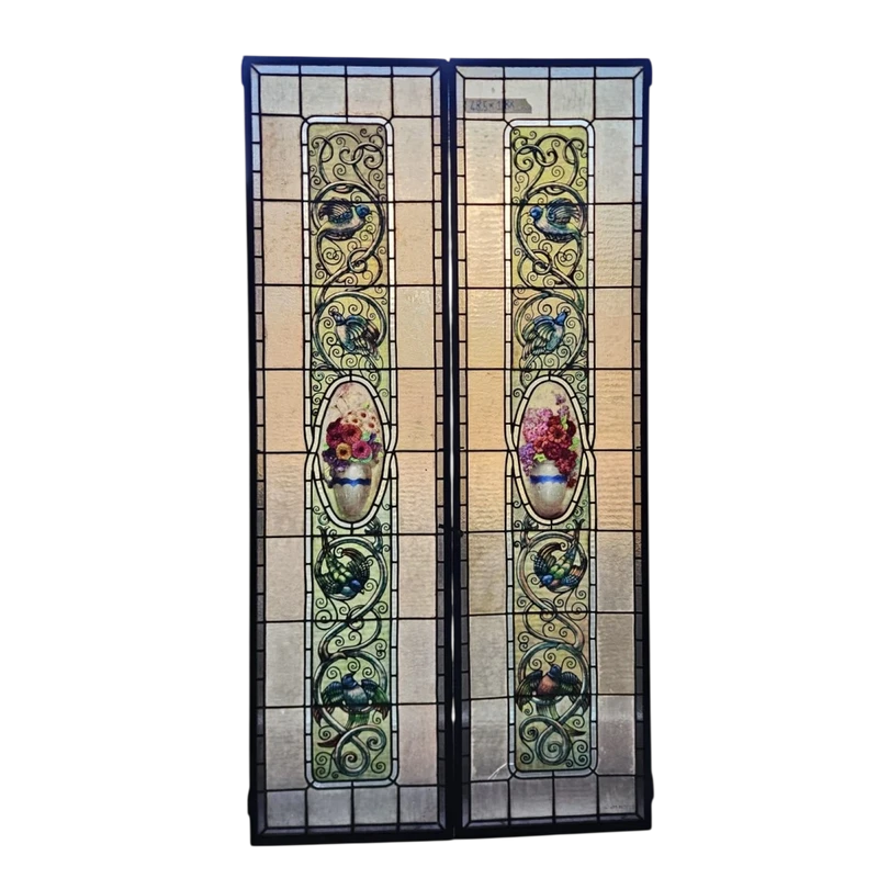 Pair of lead-bound cathedral stained glass windows early 1900s - 188 cm x 48.5 cm.