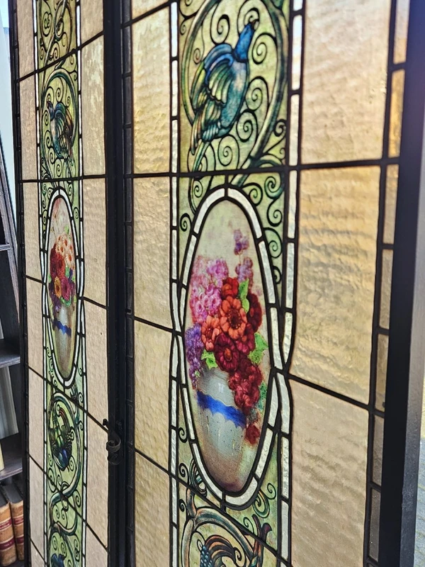 Pair of lead-bound cathedral stained glass windows early 1900s - 188 cm x 48.5 cm.