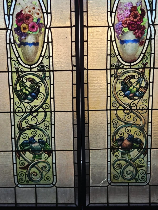 Pair of lead-bound cathedral stained glass windows early 1900s - 188 cm x 48.5 cm.