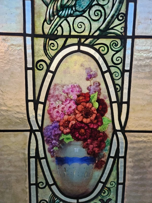 Pair of lead-bound cathedral stained glass windows early 1900s - 188 cm x 48.5 cm.