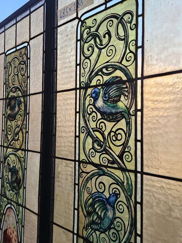 Pair of lead-bound cathedral stained glass windows early 1900s - 188 cm x 48.5 cm.