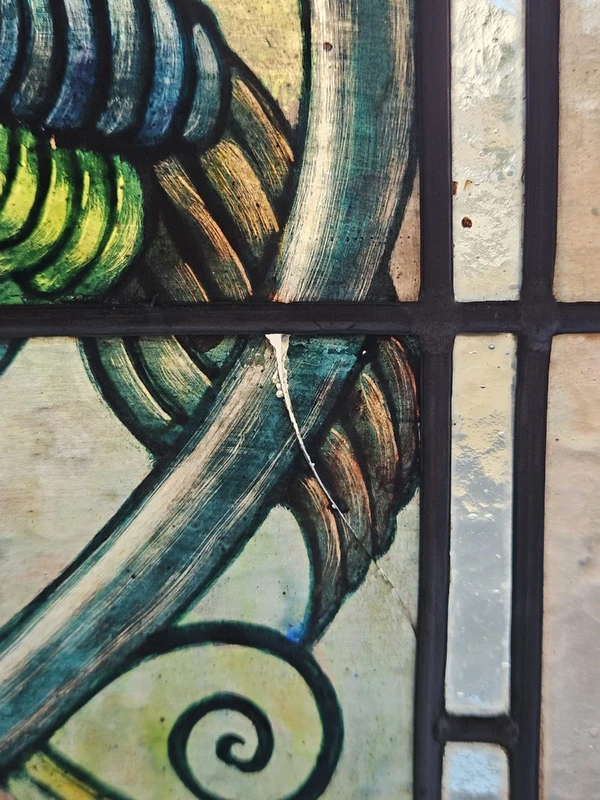 Pair of lead-bound cathedral stained glass windows early 1900s - 188 cm x 48.5 cm.