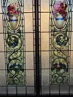Pair of lead-bound cathedral stained glass windows early 1900s - 188 cm x 48.5 cm.