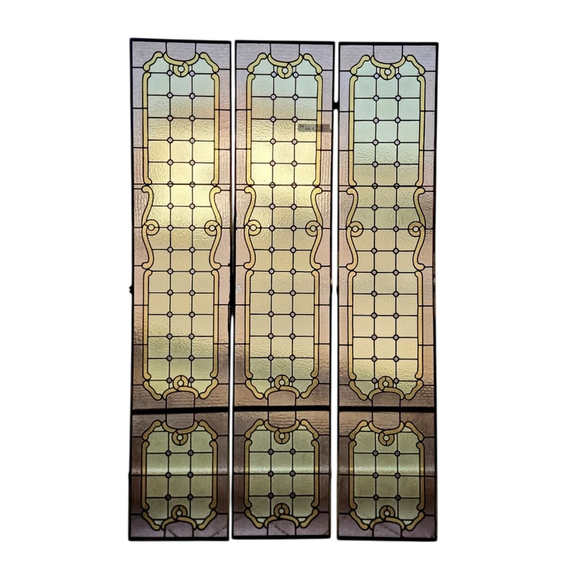 Three lead-bound cathedral stained glass windows - Early 20th century - 216 x 44 cm
